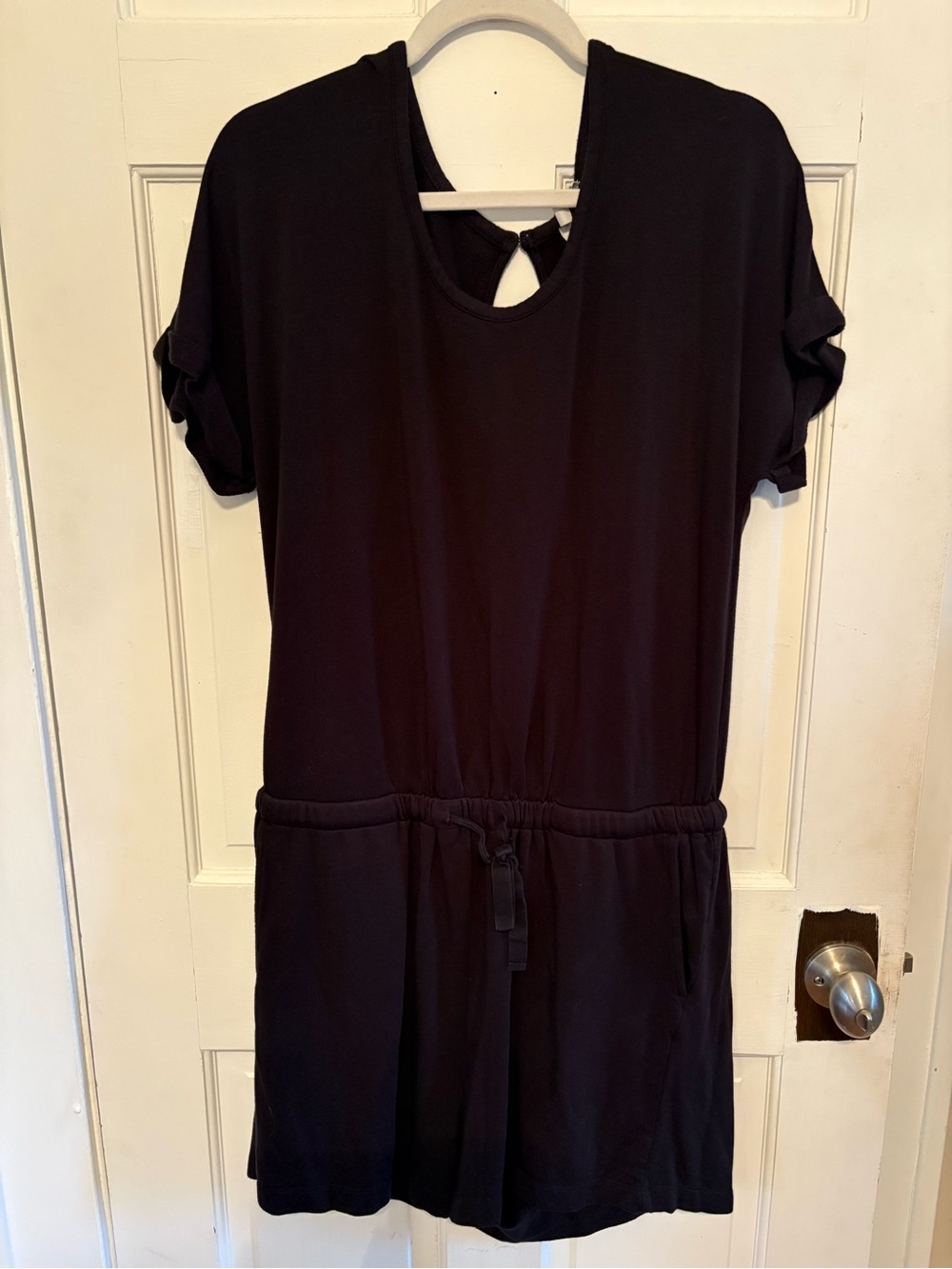 LOFT Black Short-Sleeve Romper with Drawstring Waist
